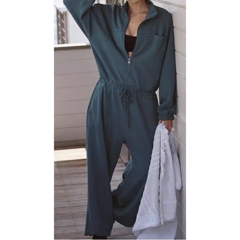 Free‎ People Movement Brightside Hydro Zip Up Drawstring Waist Jumpsuit Blue L